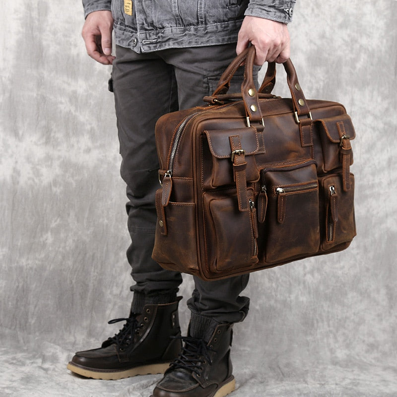 Vintage-inspired Crazy Horse Leather Briefcase
