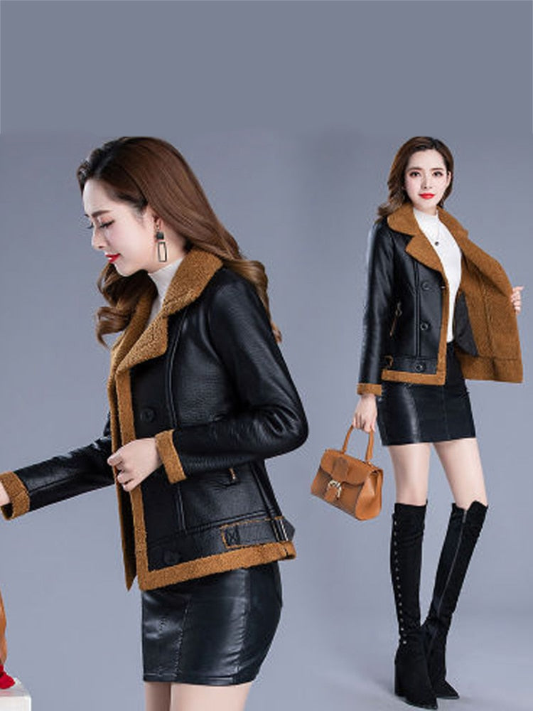 Chic Warmth: Wool Thicken PU Leather Jacket for Women