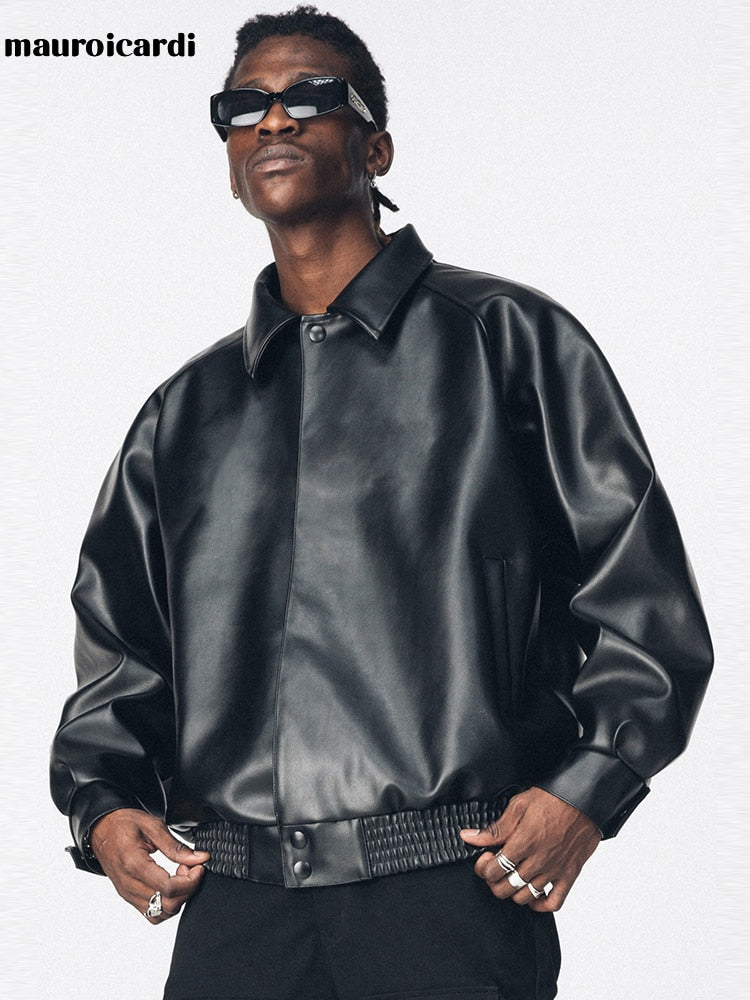 Casual Oversized Black PU Leather Jacket