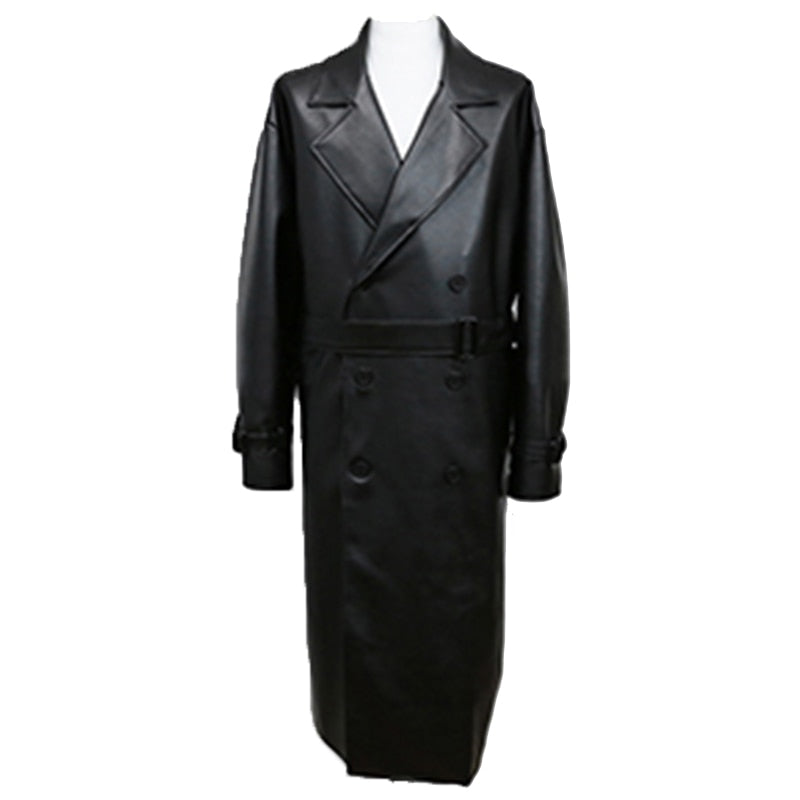 Long Black Oversized Faux Leather Trench Coat