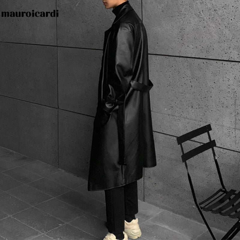 Long Black Oversized Faux Leather Trench Coat