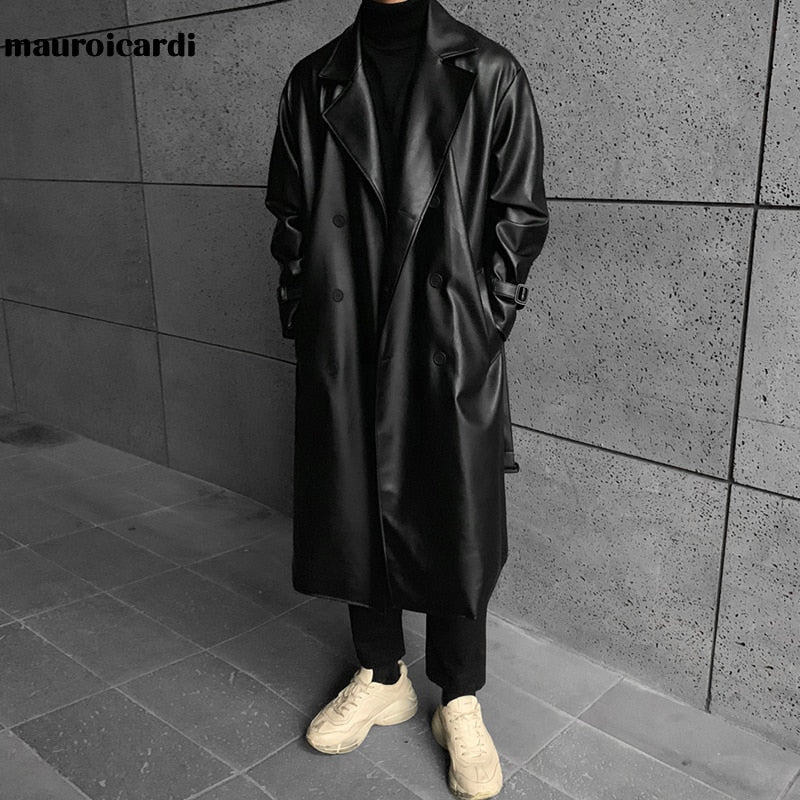 Long Black Oversized Faux Leather Trench Coat