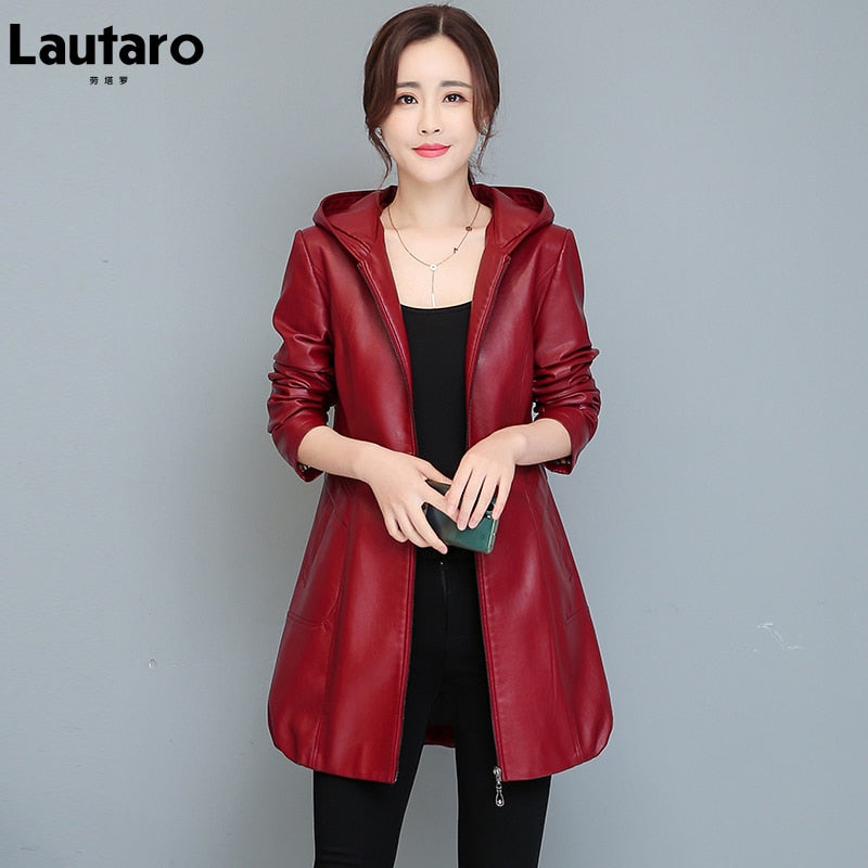 Elegant Comfort: Lautaro Women's Office Lady Long Hooded Faux Leather Jacket
