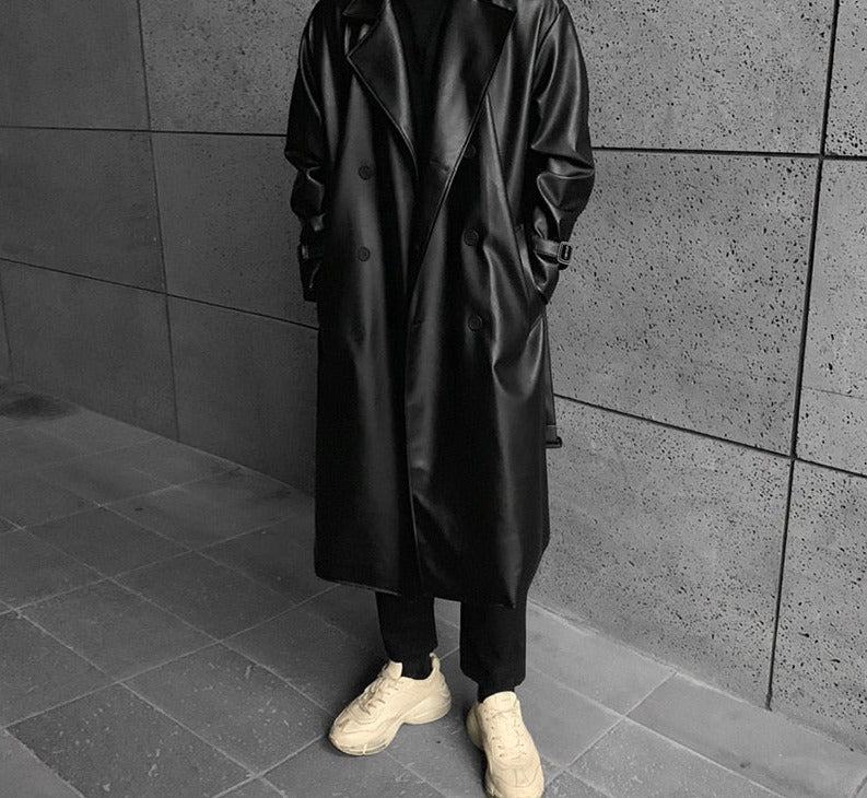 Long Black Oversized Faux Leather Trench Coat