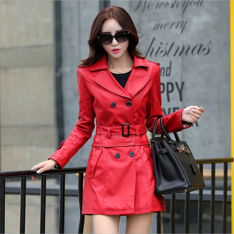 Chic and Cosy: Women's Long Double Breasted PU Leather Coat