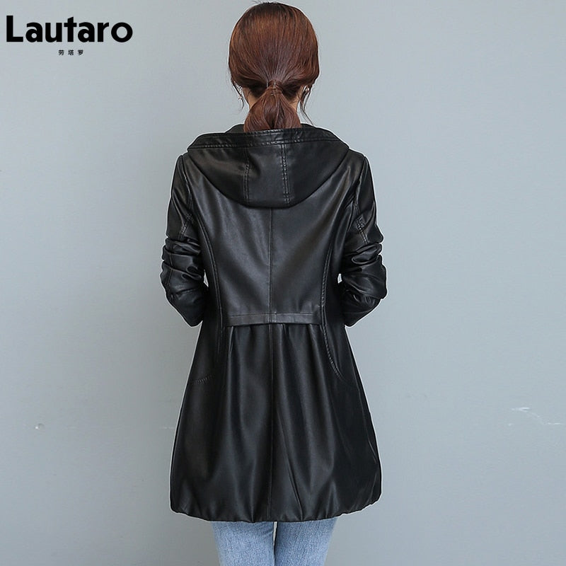 Elegant Comfort: Lautaro Women's Office Lady Long Hooded Faux Leather Jacket