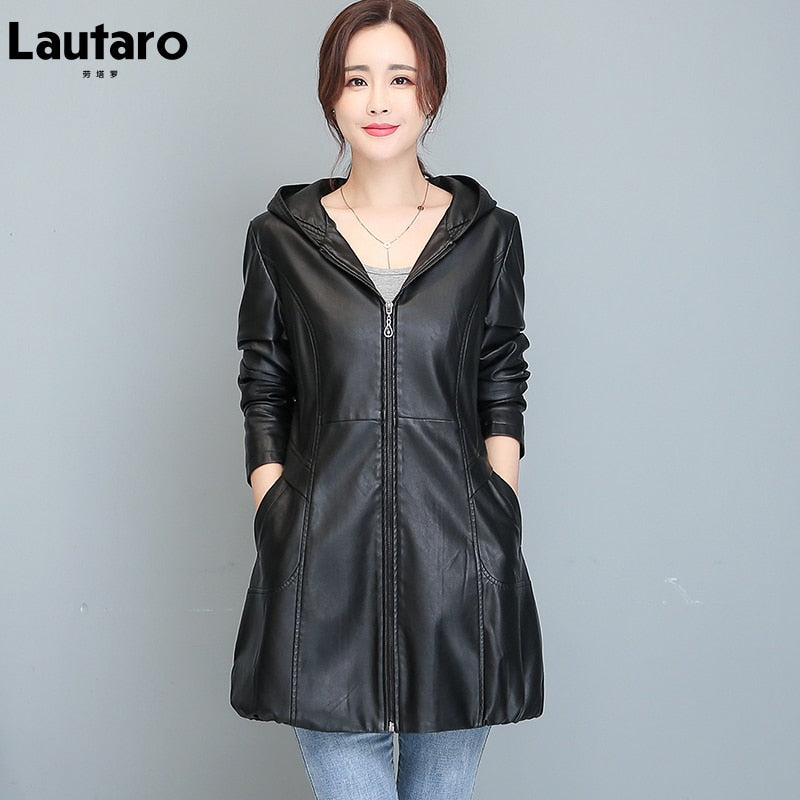 Elegant Comfort: Lautaro Women's Office Lady Long Hooded Faux Leather Jacket