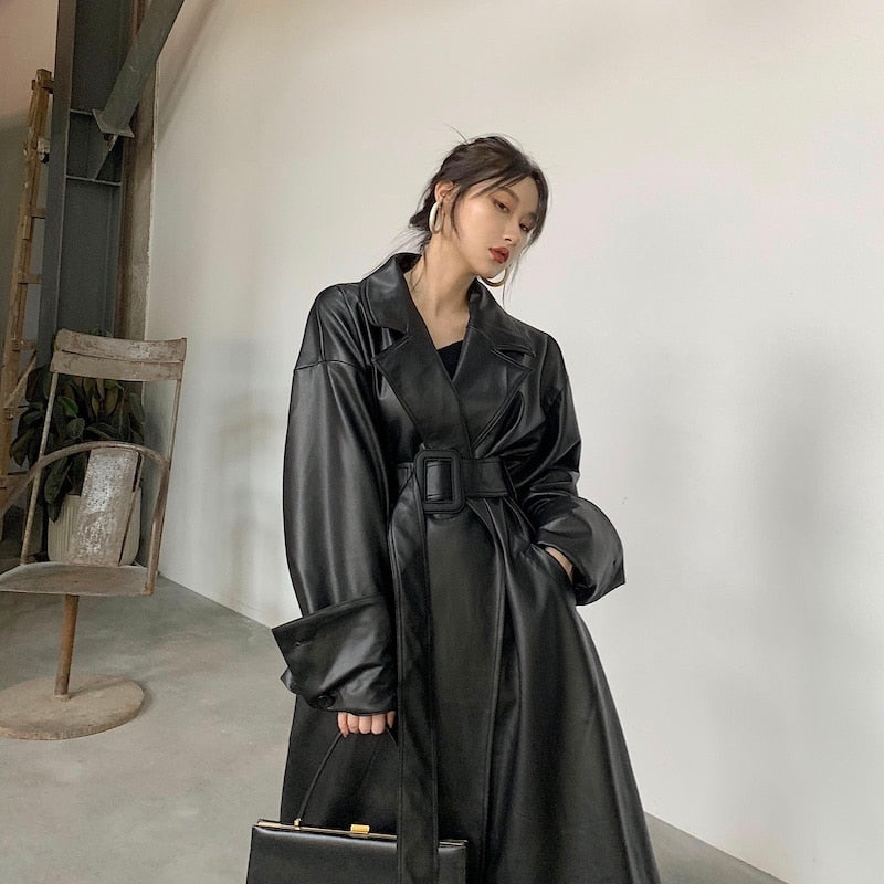 Urban Chic: Lautaro X-Long Oversized Leather Trench Coat