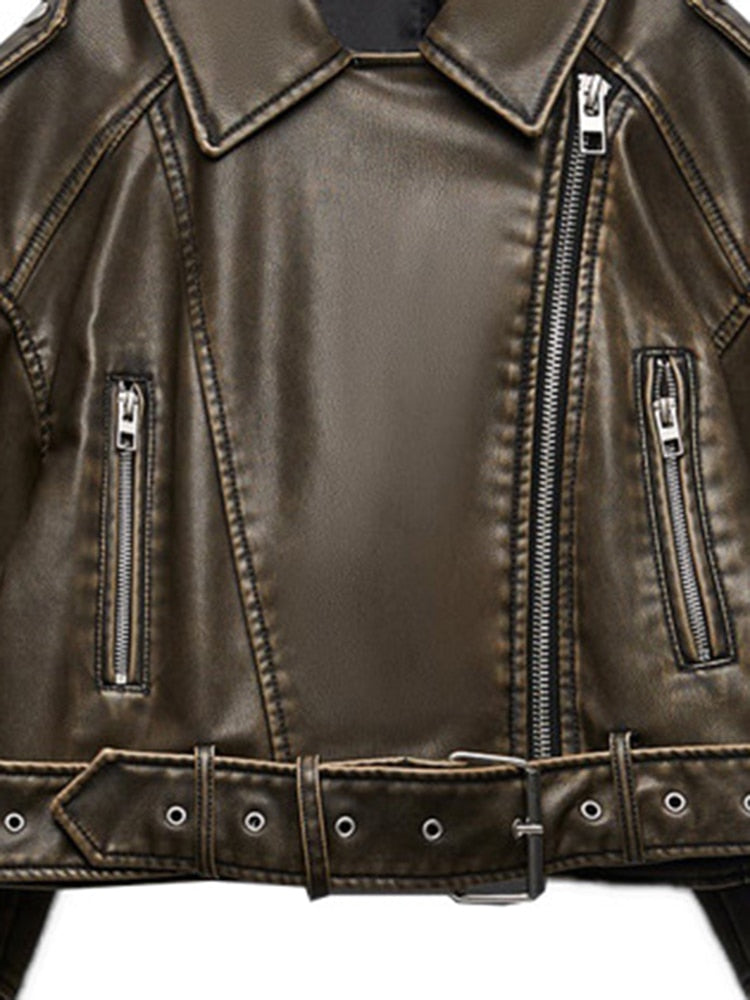 Edgy Elegance: Patchwork Zipper PU Leather Jacket for Women