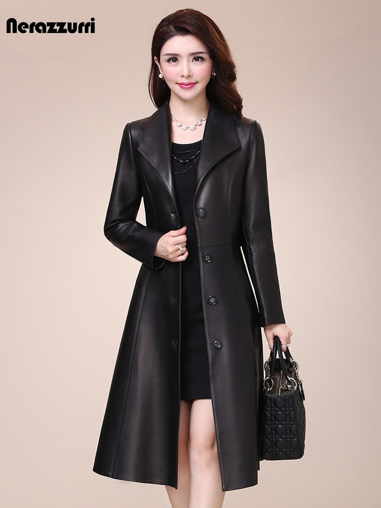 Spring Autumn Long Black Soft Faux Leather Coat
