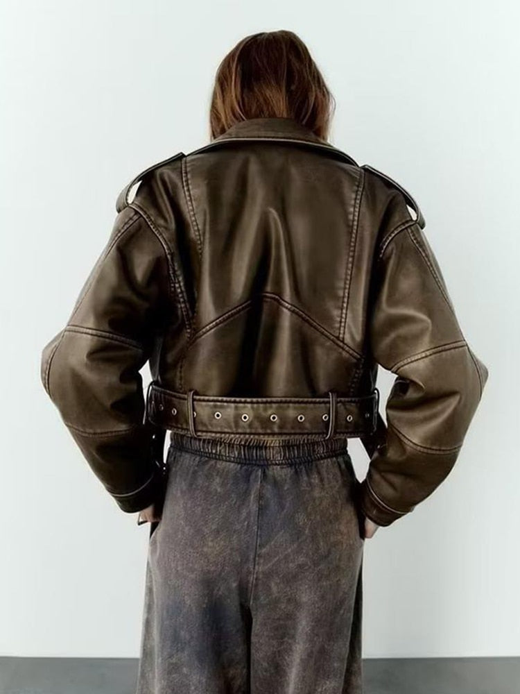 Edgy Elegance: Patchwork Zipper PU Leather Jacket for Women