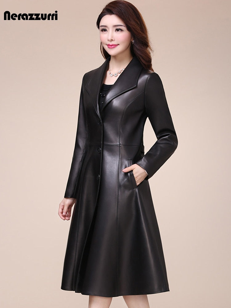 Spring Autumn Long Black Soft Faux Leather Coat