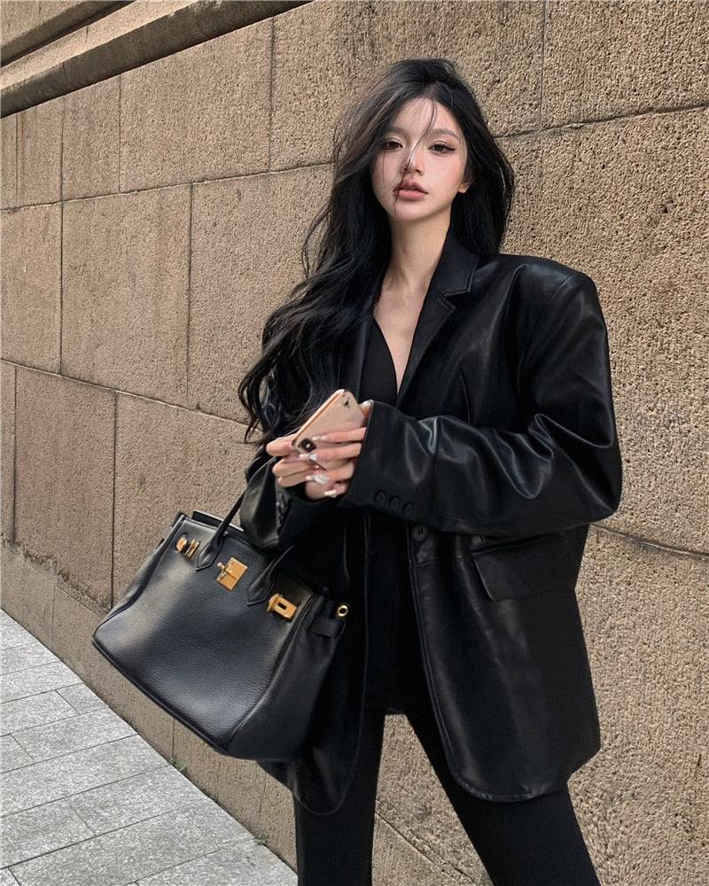 Elegance Redefined: Office Lady Hooded Pigskin Blazer