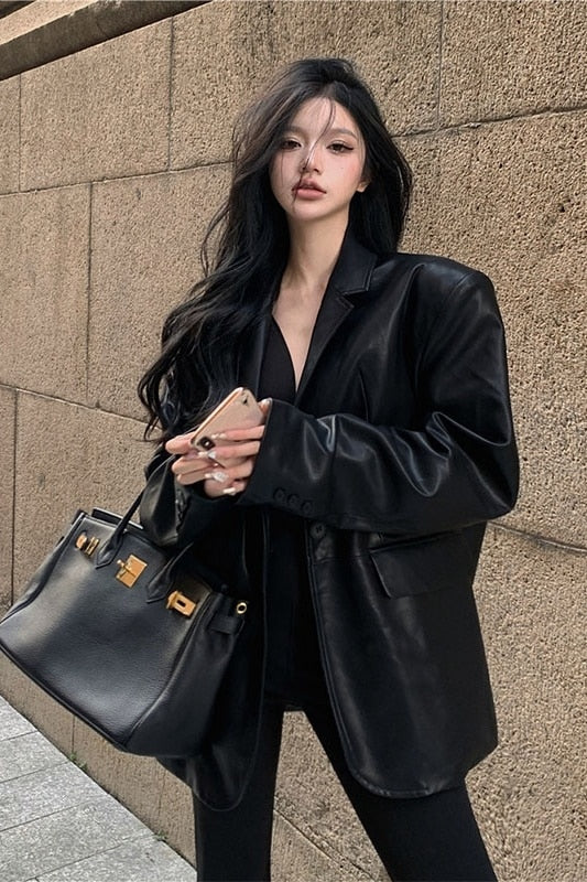 Elegance Redefined: Office Lady Hooded Pigskin Blazer