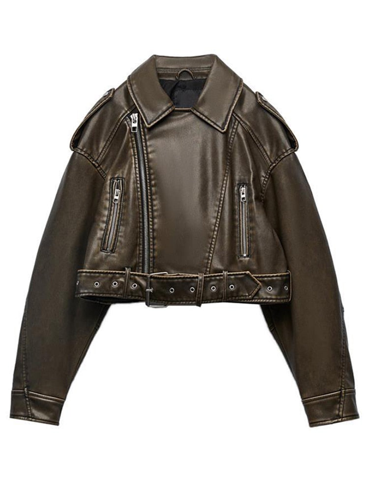 Edgy Elegance: Patchwork Zipper PU Leather Jacket for Women