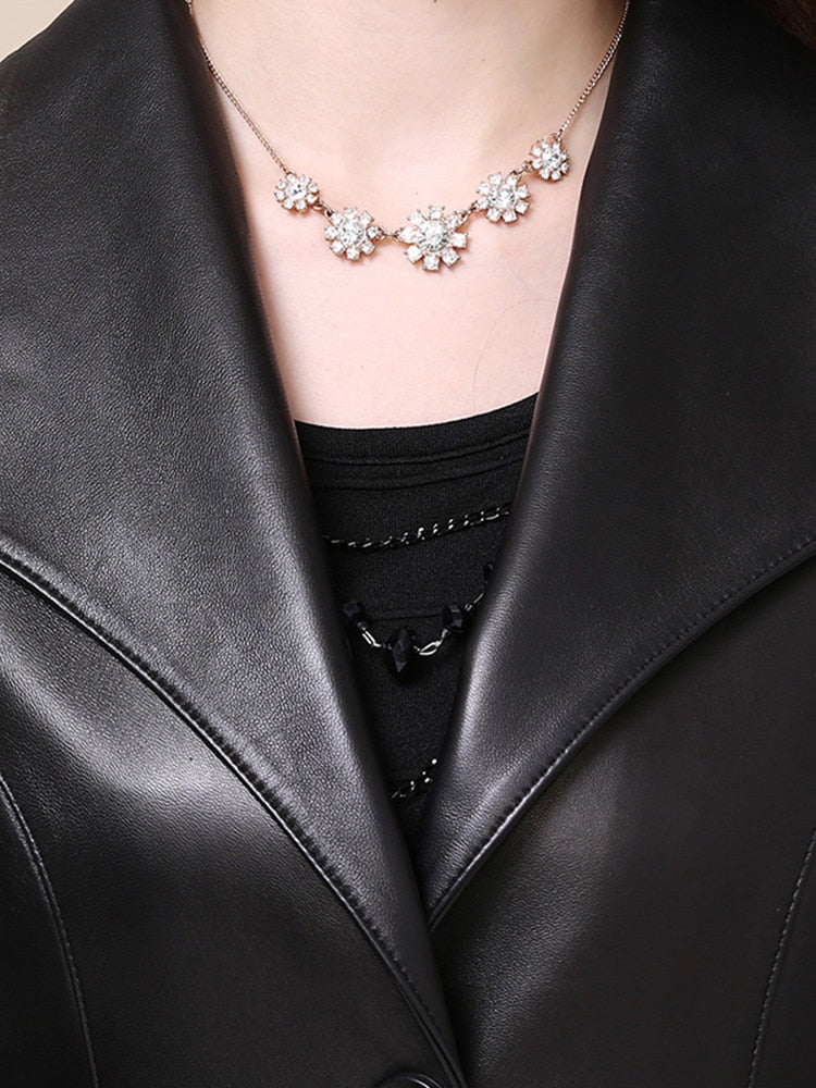 Spring Autumn Long Black Soft Faux Leather Coat