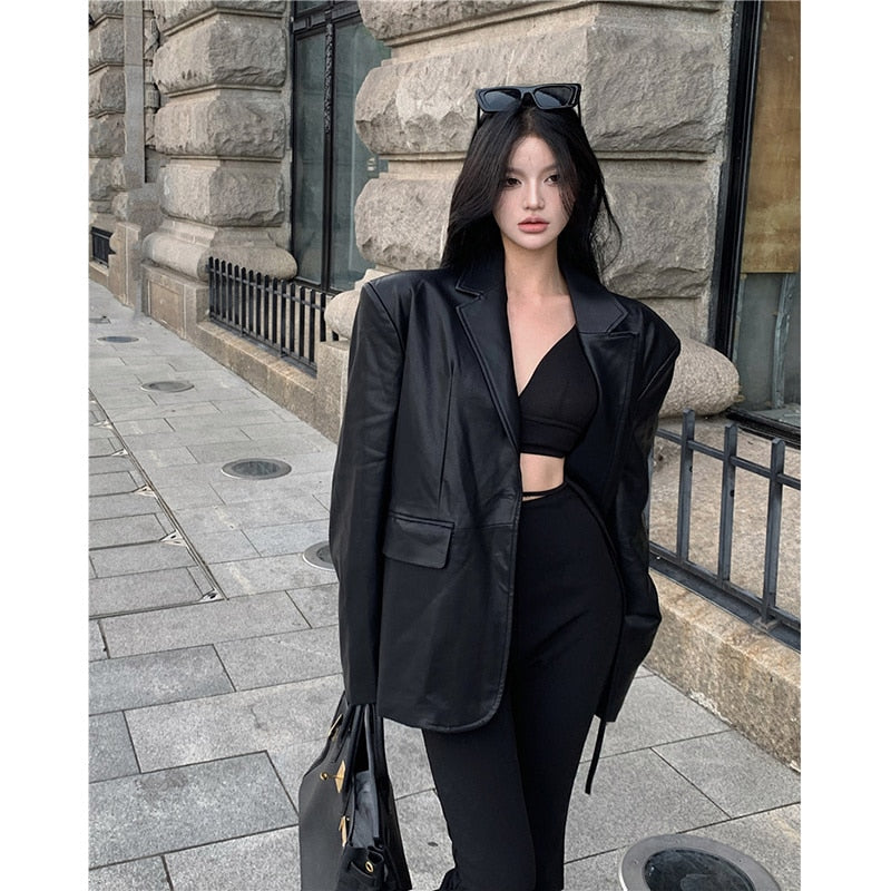 Elegance Redefined: Office Lady Hooded Pigskin Blazer