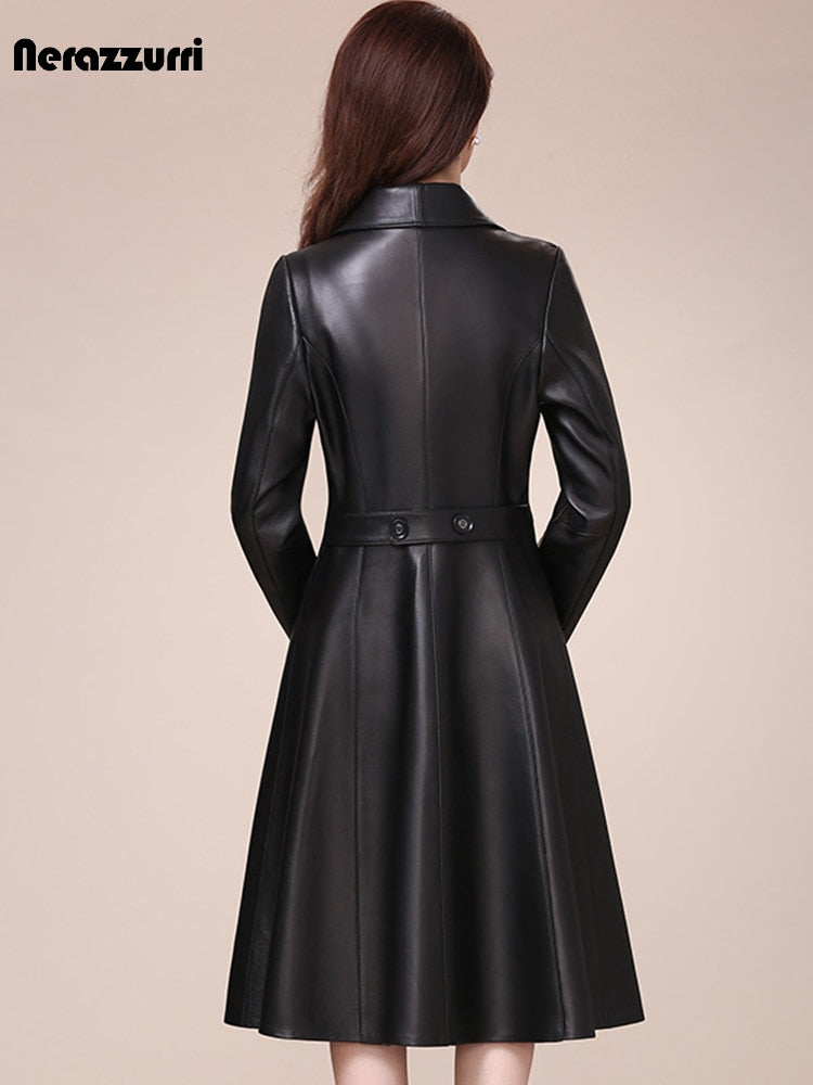 Spring Autumn Long Black Soft Faux Leather Coat