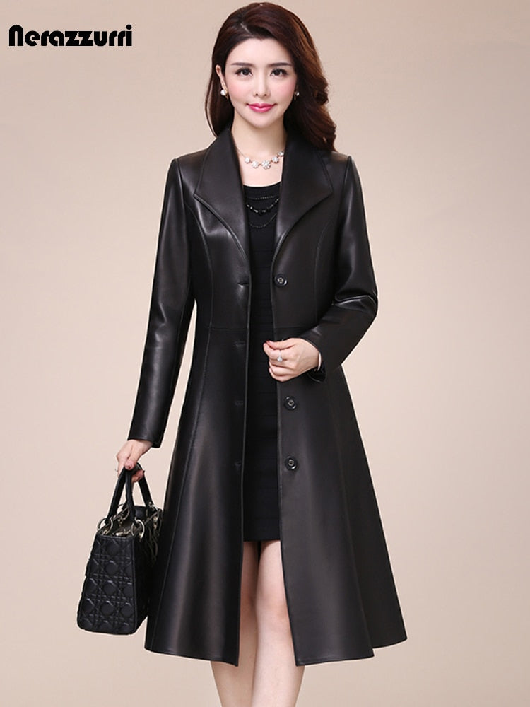 Spring Autumn Long Black Soft Faux Leather Coat