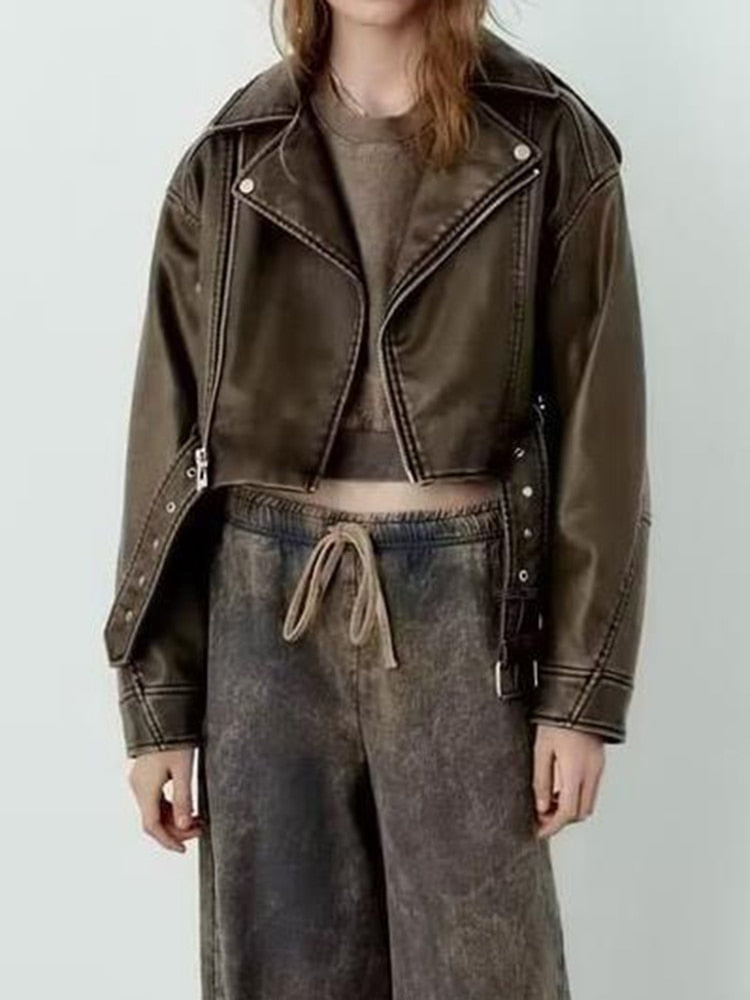 Edgy Elegance: Patchwork Zipper PU Leather Jacket for Women