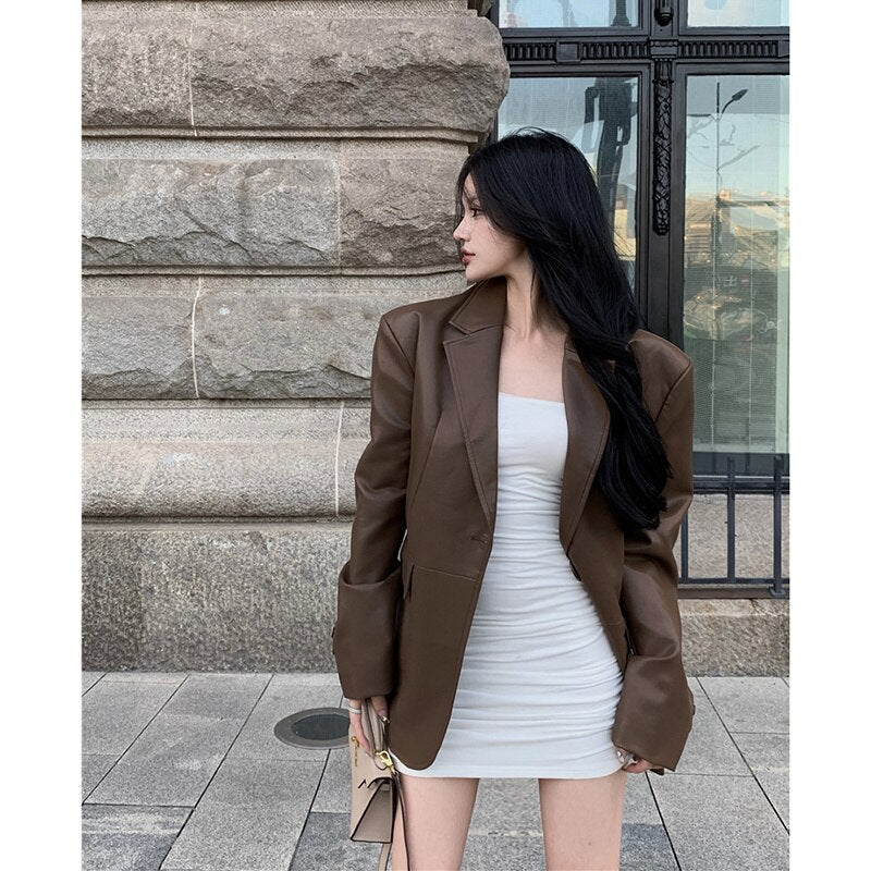 Elegance Redefined: Office Lady Hooded Pigskin Blazer