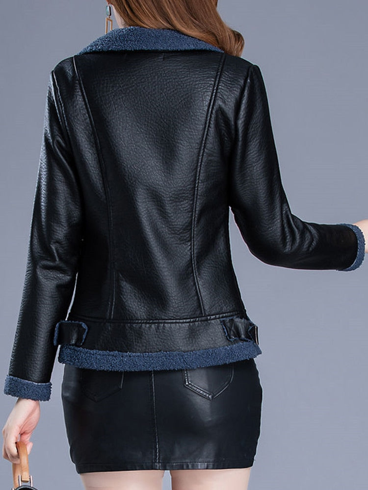 Chic Warmth: Wool Thicken PU Leather Jacket for Women