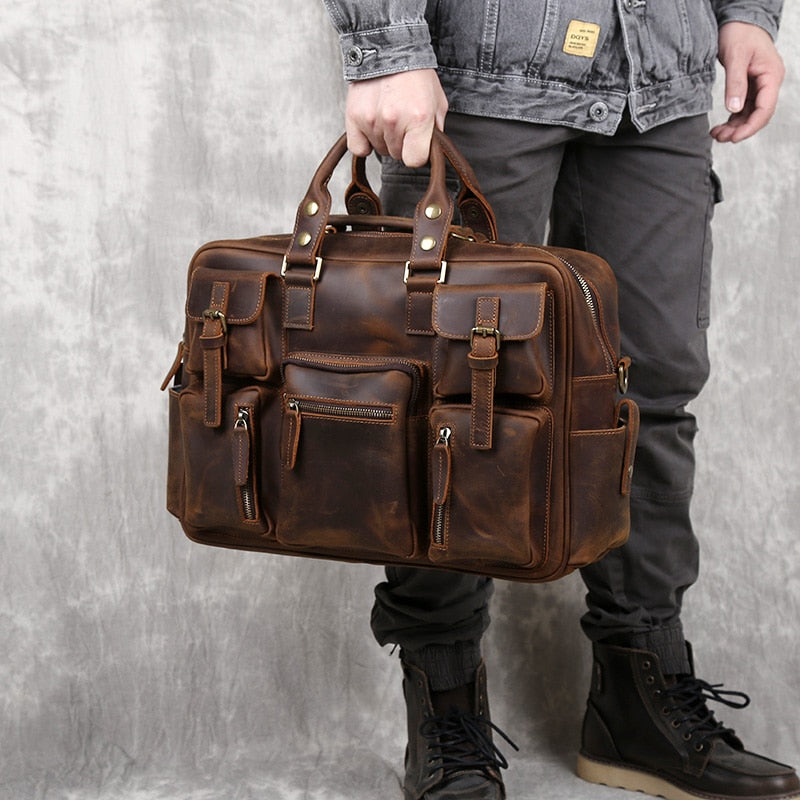 Vintage-inspired Crazy Horse Leather Briefcase