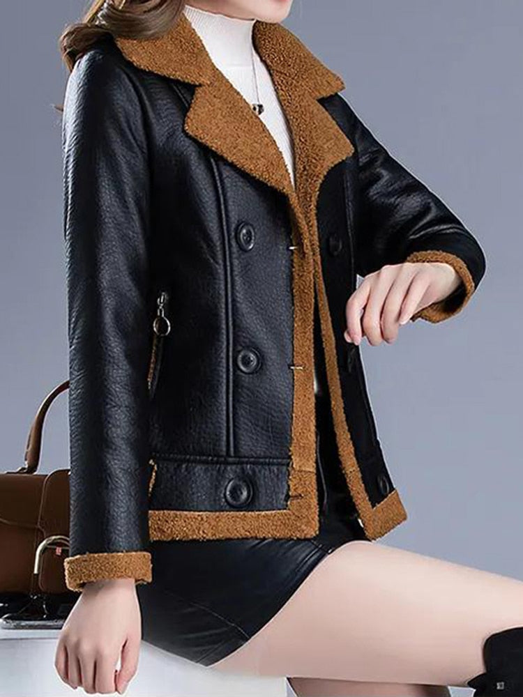 Chic Warmth: Wool Thicken PU Leather Jacket for Women