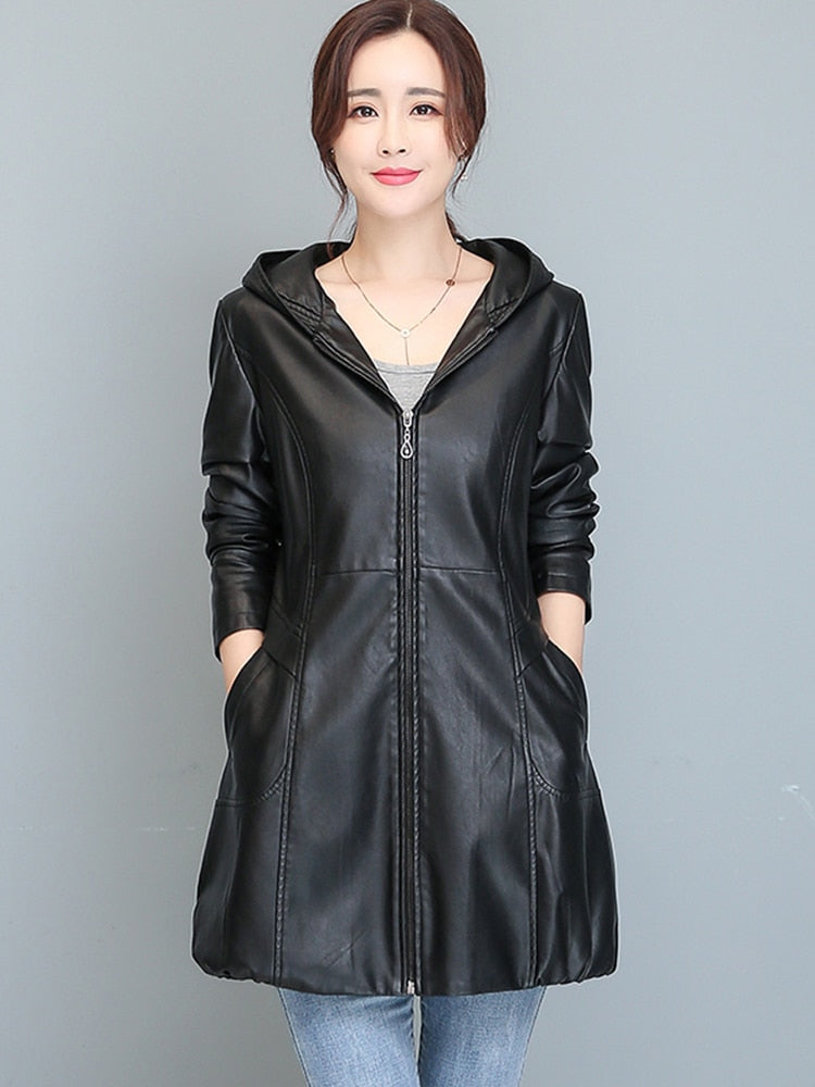 Elegant Comfort: Lautaro Women's Office Lady Long Hooded Faux Leather Jacket
