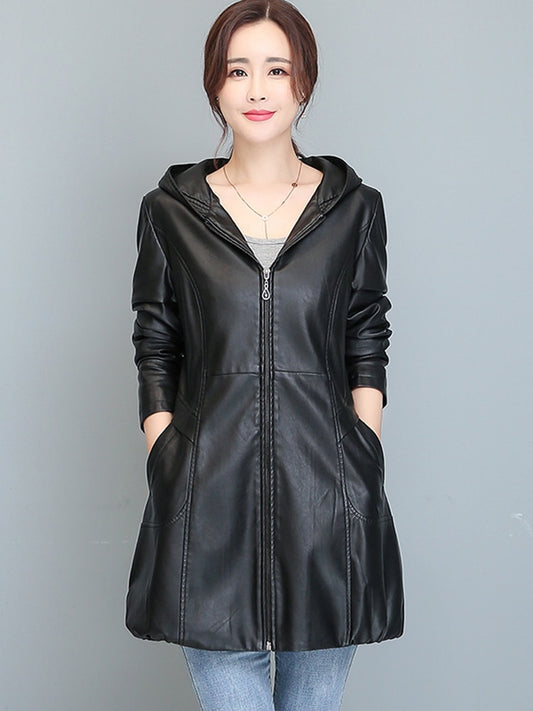 Elegant Comfort: Lautaro Women's Office Lady Long Hooded Faux Leather Jacket