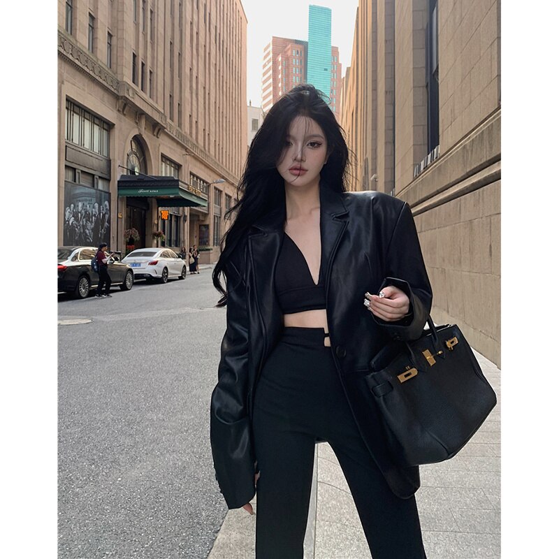 Elegance Redefined: Office Lady Hooded Pigskin Blazer