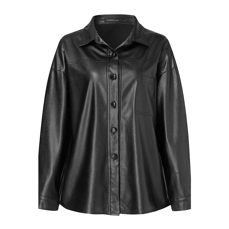 Office Elegance: PU Leather Lapel Coat for the Modern Woman