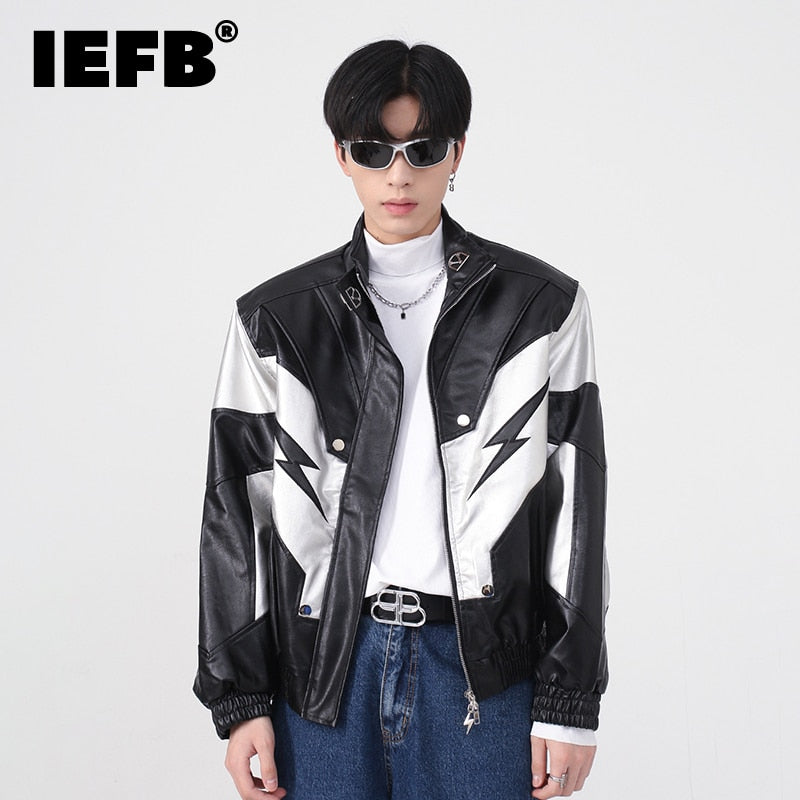 High Stand Collar Shoulder Padded PU Leather