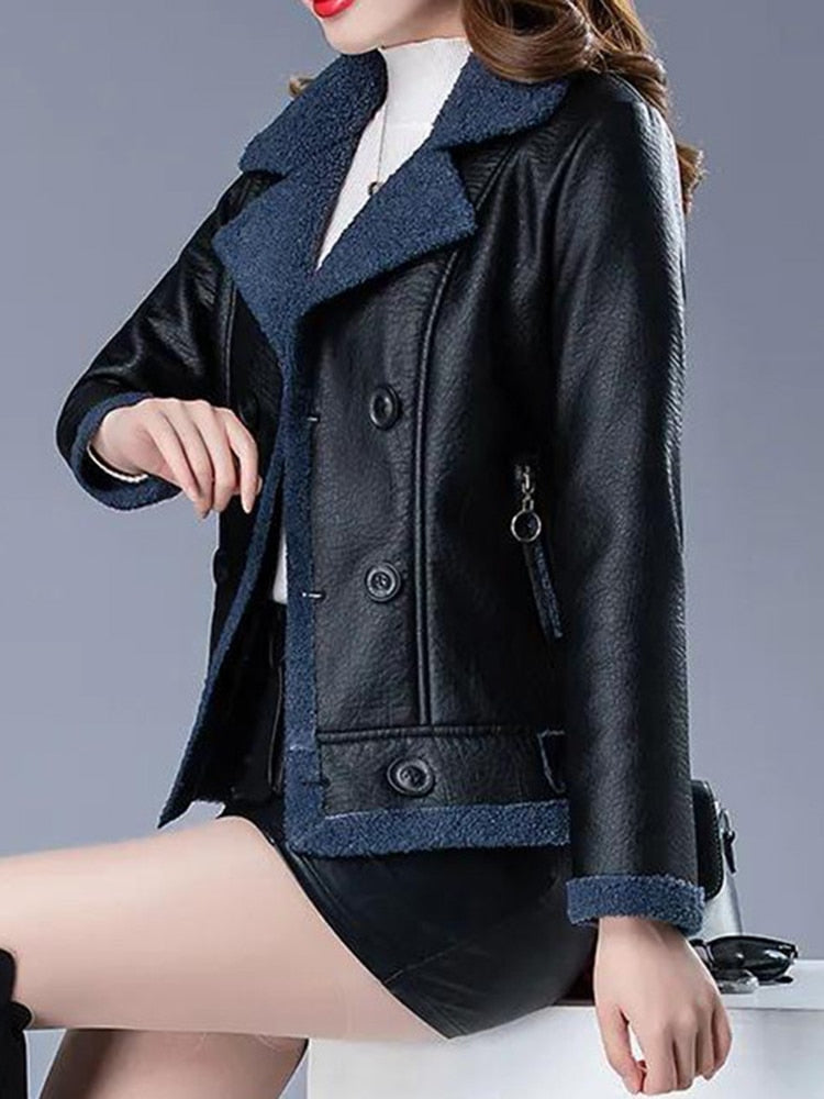 Chic Warmth: Wool Thicken PU Leather Jacket for Women