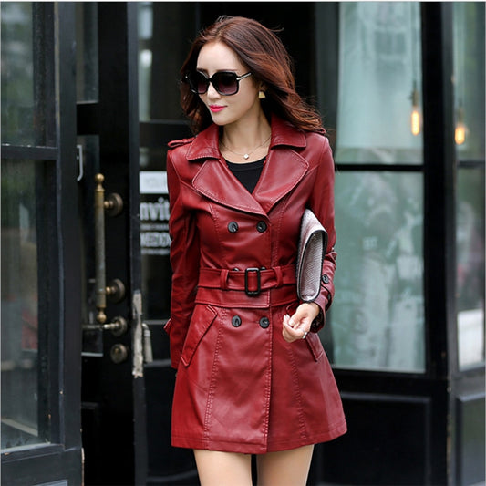 Chic and Cosy: Women's Long Double Breasted PU Leather Coat