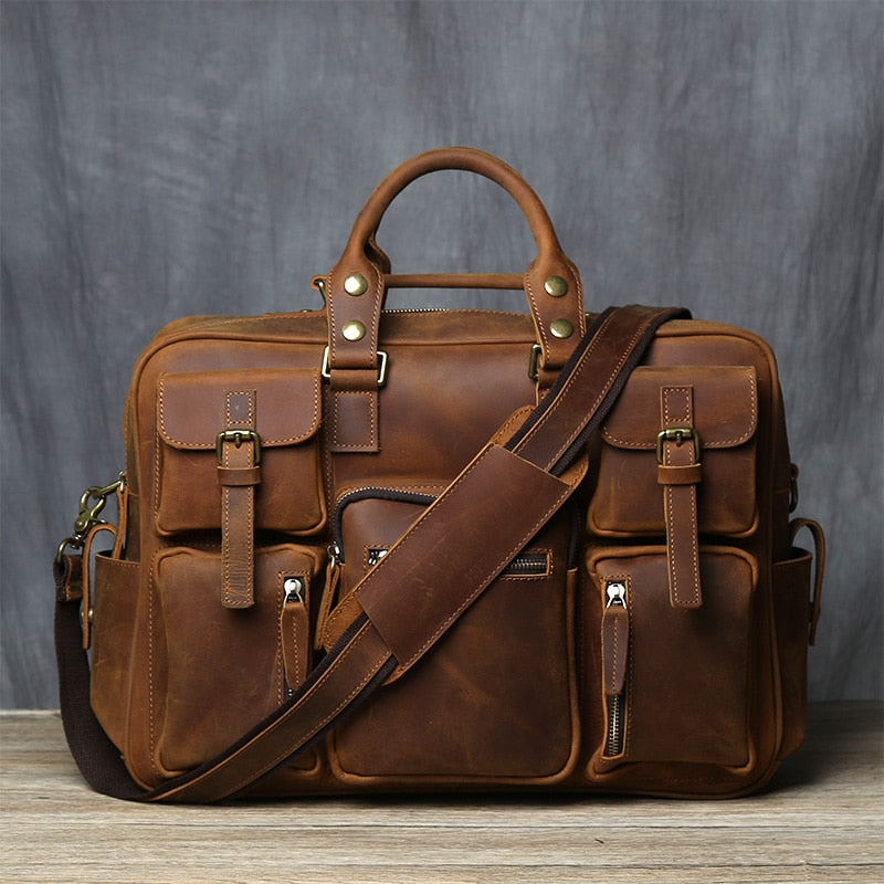 Vintage-inspired Crazy Horse Leather Briefcase
