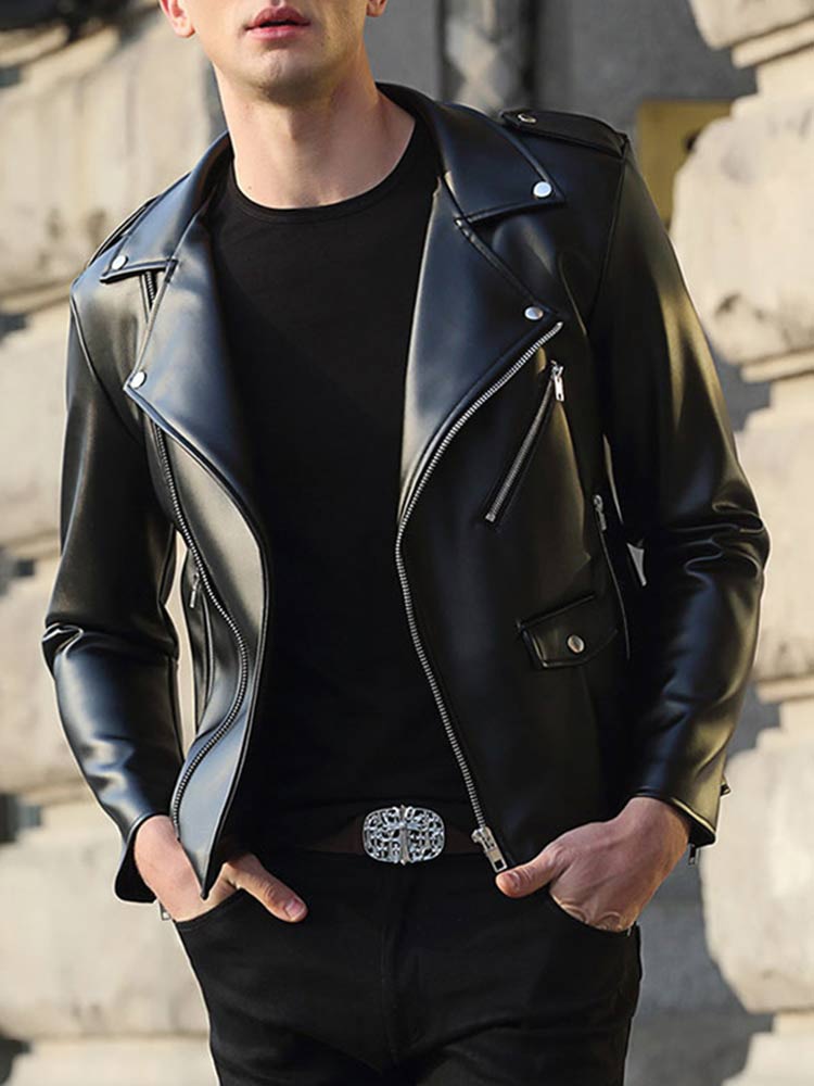 Short Fitted Cool Black Faux Leather Biker Jacket