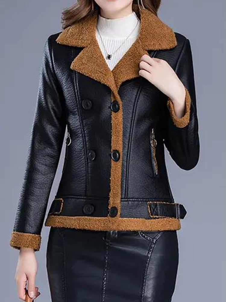 Chic Warmth: Wool Thicken PU Leather Jacket for Women