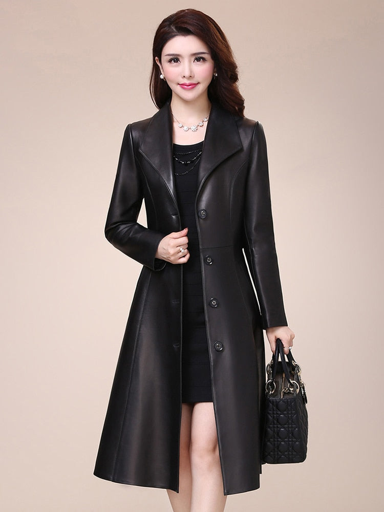 Spring Autumn Long Black Soft Faux Leather Coat