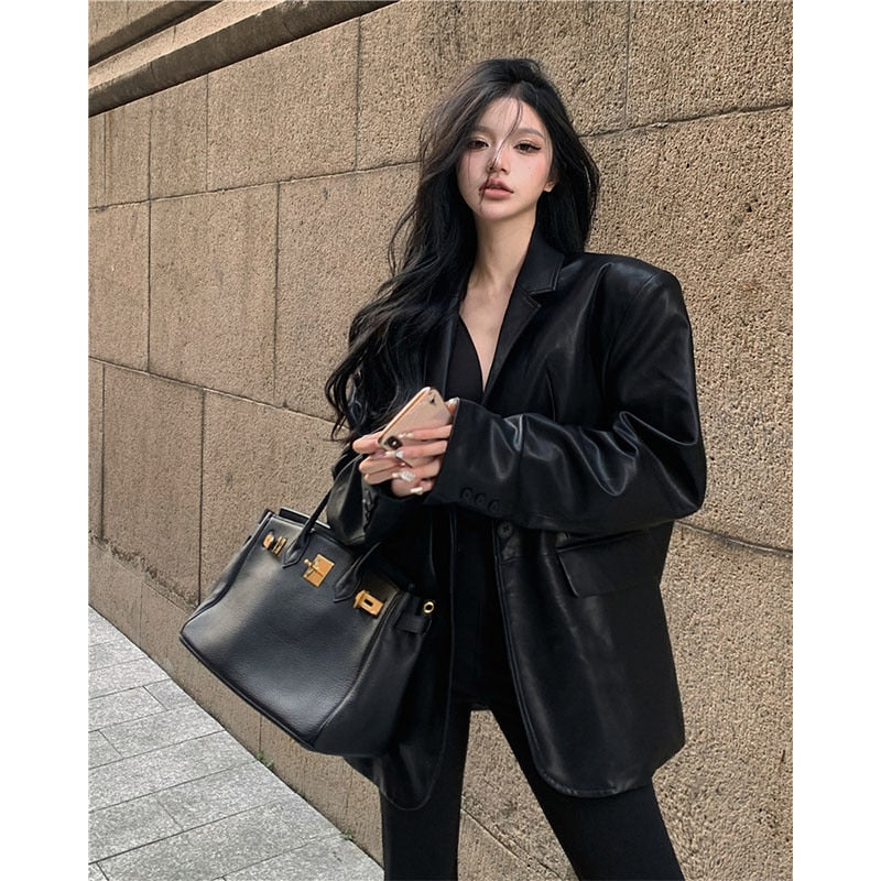 Elegance Redefined: Office Lady Hooded Pigskin Blazer