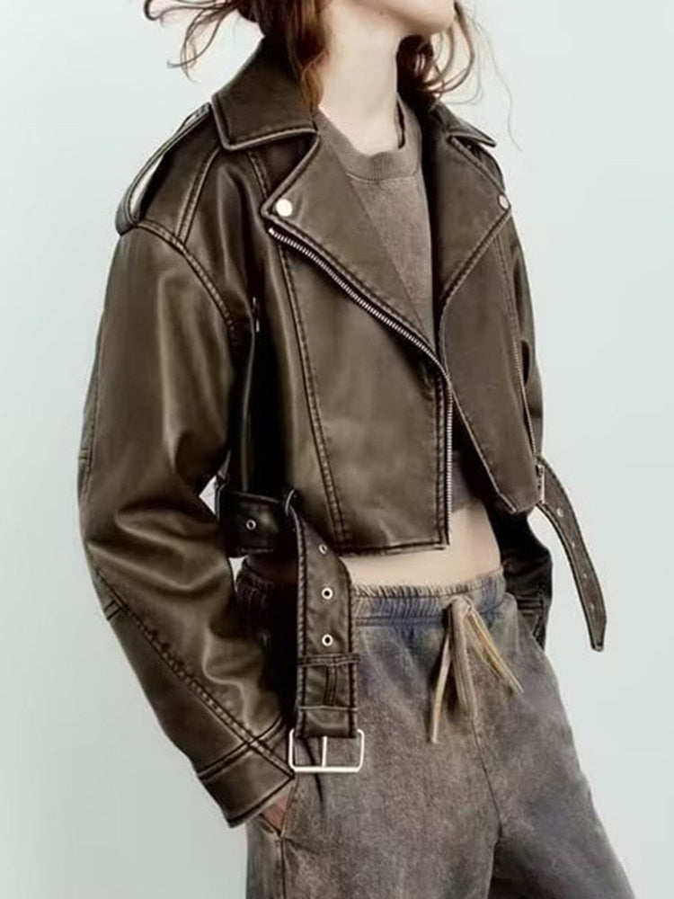 Edgy Elegance: Patchwork Zipper PU Leather Jacket for Women